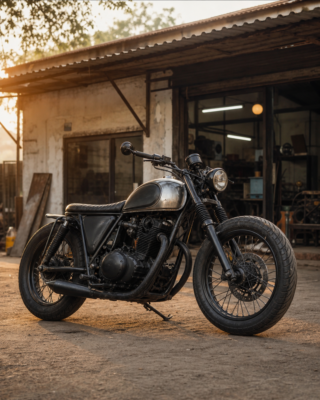Hand-built black cafe racer outside a custom workshop