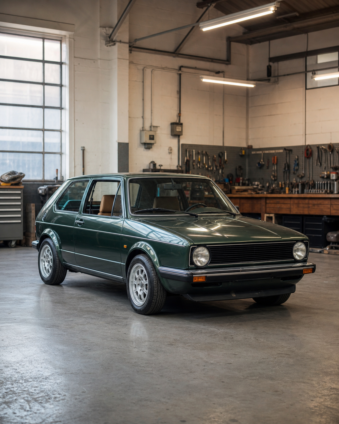 Forest green classic hatchback restomod in a workshop