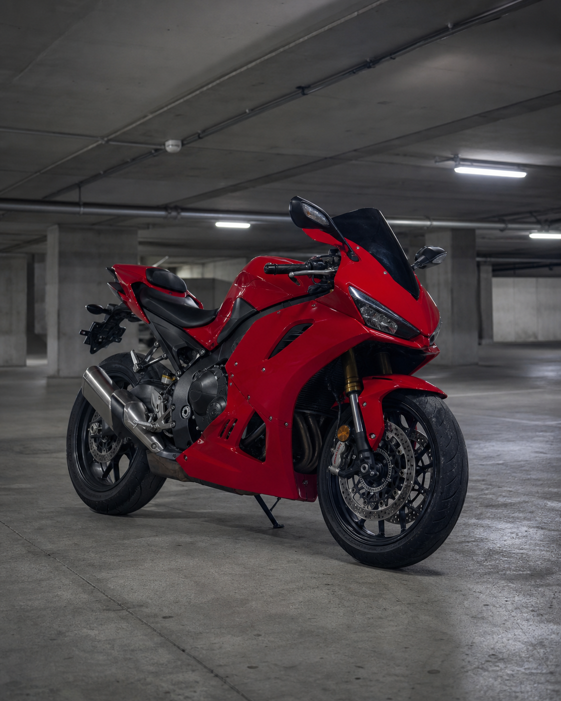 Red superbike in an underground garage